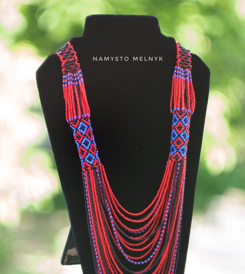 Gerdan Native american beadwork Red american bib statement necklace Red blue beaded Ukrainian jewelry