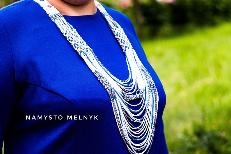 Long white blue necklace Beaded traditional necklace Extravagant necklace Ukrainian multistrand necklace Beaded necklace in ethno style