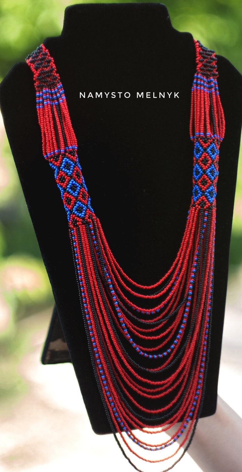 Gerdan Native american beadwork Red american bib statement necklace Red blue beaded Ukrainian jewelry