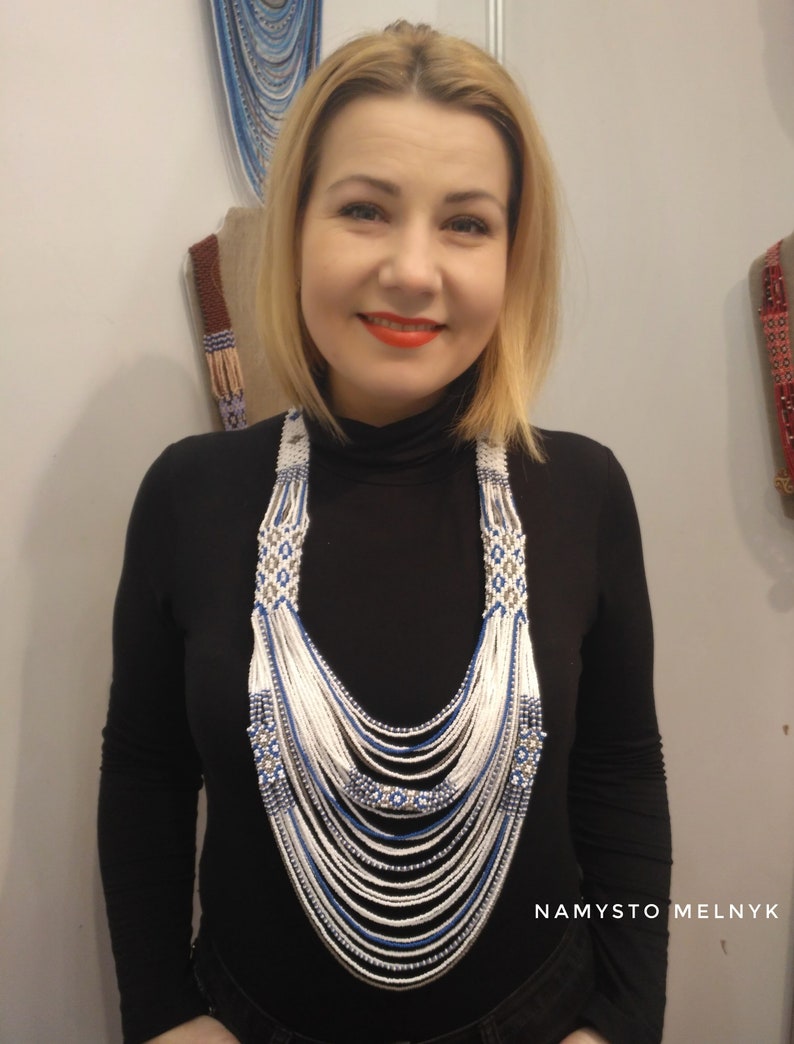 Long white blue necklace Beaded traditional necklace Extravagant necklace Ukrainian multistrand necklace Beaded necklace in ethno style
