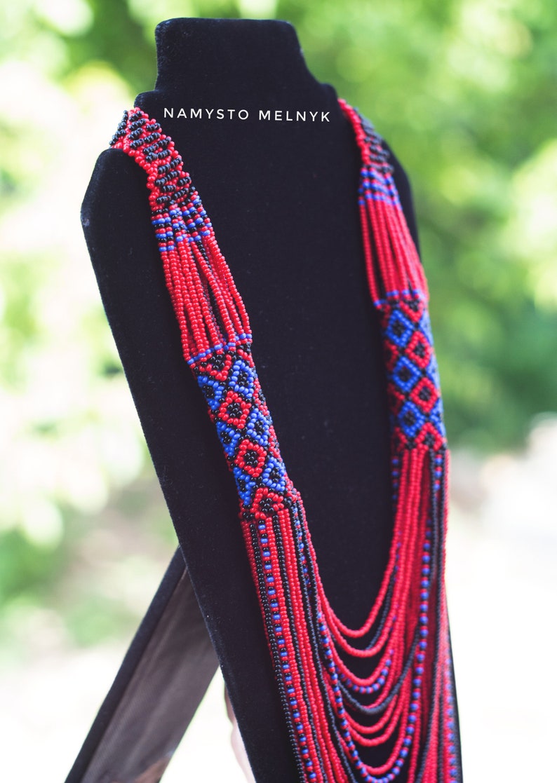 Gerdan Native american beadwork Red american bib statement necklace Red blue beaded Ukrainian jewelry