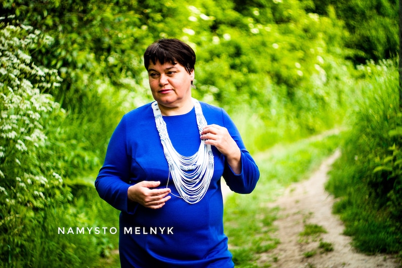 Long white blue necklace Beaded traditional necklace Extravagant necklace Ukrainian multistrand necklace Beaded necklace in ethno style