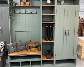 F and ball painted storage furniture Handmade sustainable Mud & Boot rooms / hallways /cloakrooms Solid pine furniture and Kent showroom