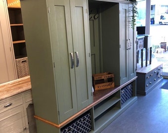 Boot Room storage/Mud Room Cloakroom handmade with sustainable pine ,Kent furniture Showroom,can make other colours