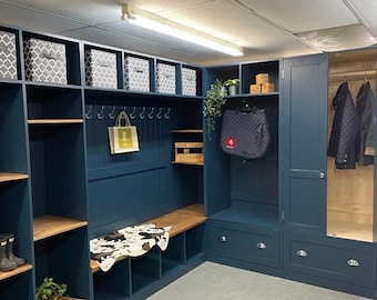 Equestrian tack room storage/Hall corner bench storage Hague Blue farrow & ball ,cupboards/drawers/coat mud room,boot room storage furniture