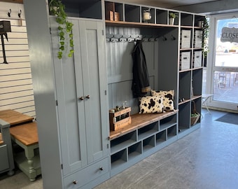 Boot Mud Room painted in farrow & ball Selvedge,Utility Storage, Hall Cupboard, Bench