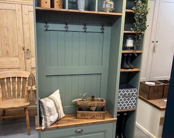 Storage bench and boot room furniture/storage furniture bespoke hall cupboard pine handmade sage colour farrow and ball painted furniture