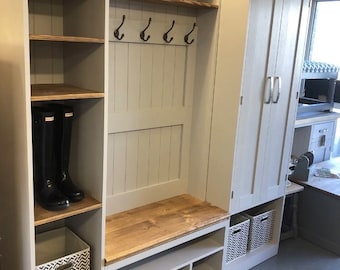 Mud Room store -Handmade sustainable wood storage Mud & Boot rooms / hallways /cloakrooms and more. Solid pine furniture Kent showroom