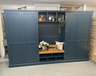 Storage bench cupboard Hague Blue farrow and ball coloured handmade and is real wood & can be made 2.8m-3m wide,boot or mud room/bedroom etc