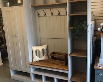 Boot Room/Hall store -Handmade sustainable wood storage Mud & Boot rooms / hallways /cloakrooms and more. Solid pine furniture Kent showroom