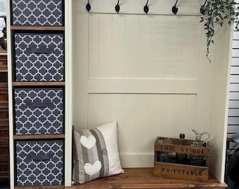 Storage bench and boot room furniture/storage furniture bespoke hall cupboard pine handmade cream colour farrow and ball painted furniture