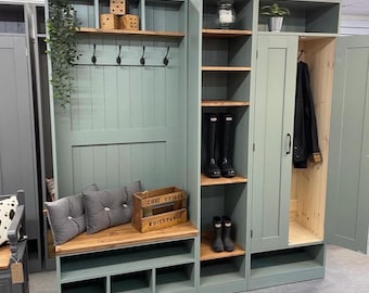 Farrow and ball painted storage furniture Handmade sustainable Mud & Boot rooms / hallways /cloakrooms. Solid pine furniture Kent showroom