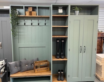 Sage colour storage furniture Handmade Boot room cupboard bench/hallway /cloakroom Solid pine farrow and ball paint furniture Kent showroom