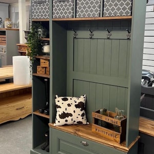 Hallway bench or boot room storage furniture hall cupboard solid pine handmade farrow and ball Green smoke painted furniture