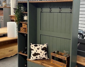 Hallway bench or boot room storage furniture hall cupboard solid pine handmade farrow and ball Green smoke painted furniture