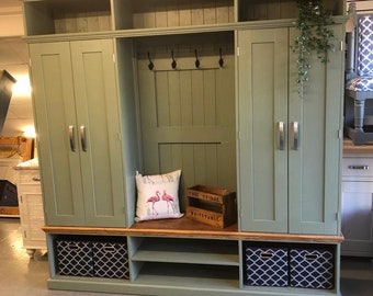 Boot Room storage/Mud Room Cloakroom handmade by us with sustainable pine ,Kent furniture Showroom,can make other colours