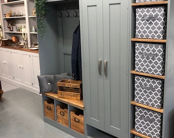 Mud room store,Hall bench shelves MADE BY HAND Handmade sustainable pine storage Boot room. Solid wood furniture Kent showroom