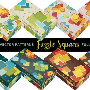PUZZLE SQUARES – padrões vetoriais contínuos – baseados em elementos desenhados à mão