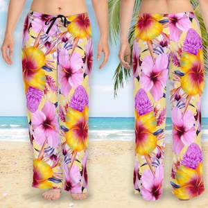 Tropical Beach #3 – Pajama Pants, Beach Pants with Colorful Tropical Florals, 6 sizes for women, Casual Wear pants, Gift for her, Yellow