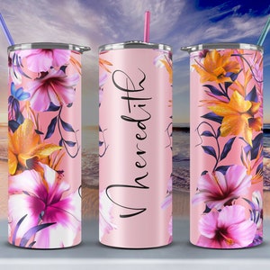 Tropicals #6 Peach – Add Your Own Name Skinny Tumbler Seamless Sublimation Design Download 20oz Straight and Tapered Color BG Gold Accents