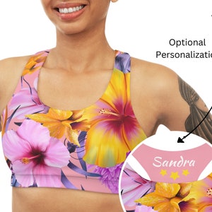 Sports Bra Floral Bustier Top, Seamless Sports Bra, Casual Wear Bustier Top, Beach Bra, Beach Bustier, Gift for Her, Tropical Beach #1 Pink