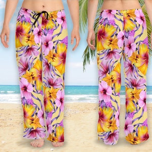 Beach Pants, Floral Pajama Pants, Wide Leg Pants, 6 sizes for women, Casual Wear Lounge Pants, Gift for Her, Tropical Beach #1 Yellow