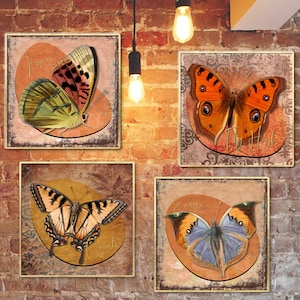 Vintage Butterflies – Downloads – Orange Tones | Set of 4 Artworks | Boho inspired Butterfly Designs | Printables | Stickers for journaling