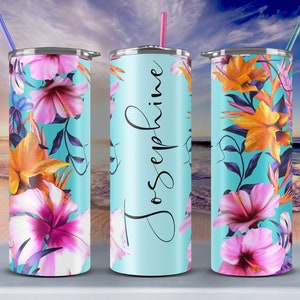 Tropicals #6 Turquoise – Add Your Own Name Skinny Tumbler Seamless Sublimation Design Download 20oz Straight and Tapered with Gold Accents