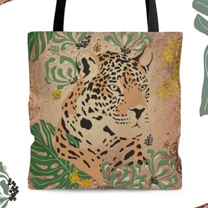 Leopard Portrait – Tote Bag | Boho Inspired Leopard on Florals | Leopard Jungle Boho Chic | Shoulder Bag Leopard Art | Vintage Leopard Tote
