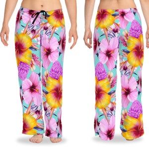 Pajama Pants, Floral Beach Pants, Wide Leg Lounge Pants, 6 sizes for women, Casual Wear Pants, Gift for Her, Tropical Beach #3 Turquoise