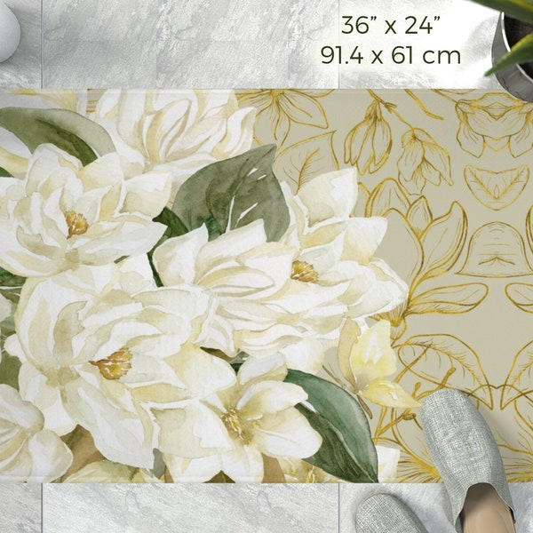 Magnolias blancs – Tapis de bain | Tapis de bain floral de luxe | Tapis de bain à fleurs de style vintage | Tapis de bain de style Boho | Tapis de bain élégant