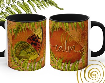 CALM – Mug | Motivating Mug for Good Mood | Boho Inspired Butterfly with Florals | Elegant Amber Colors | Vintage Butterfly Mug