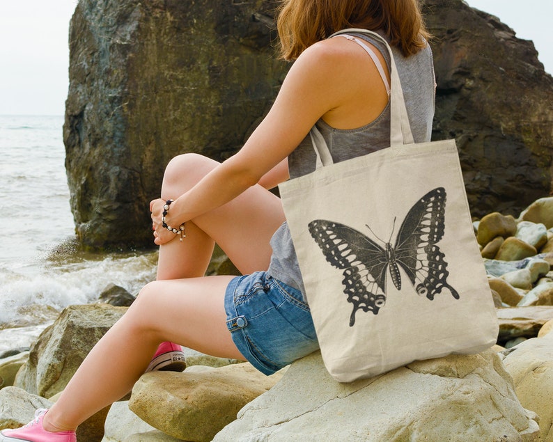 Eco Friendly Bag Minimalist Butterfly Design, Recycled cotton/poly. woven, Canvas Tote, Vintage Butterfly, Shoulder Bag image 1