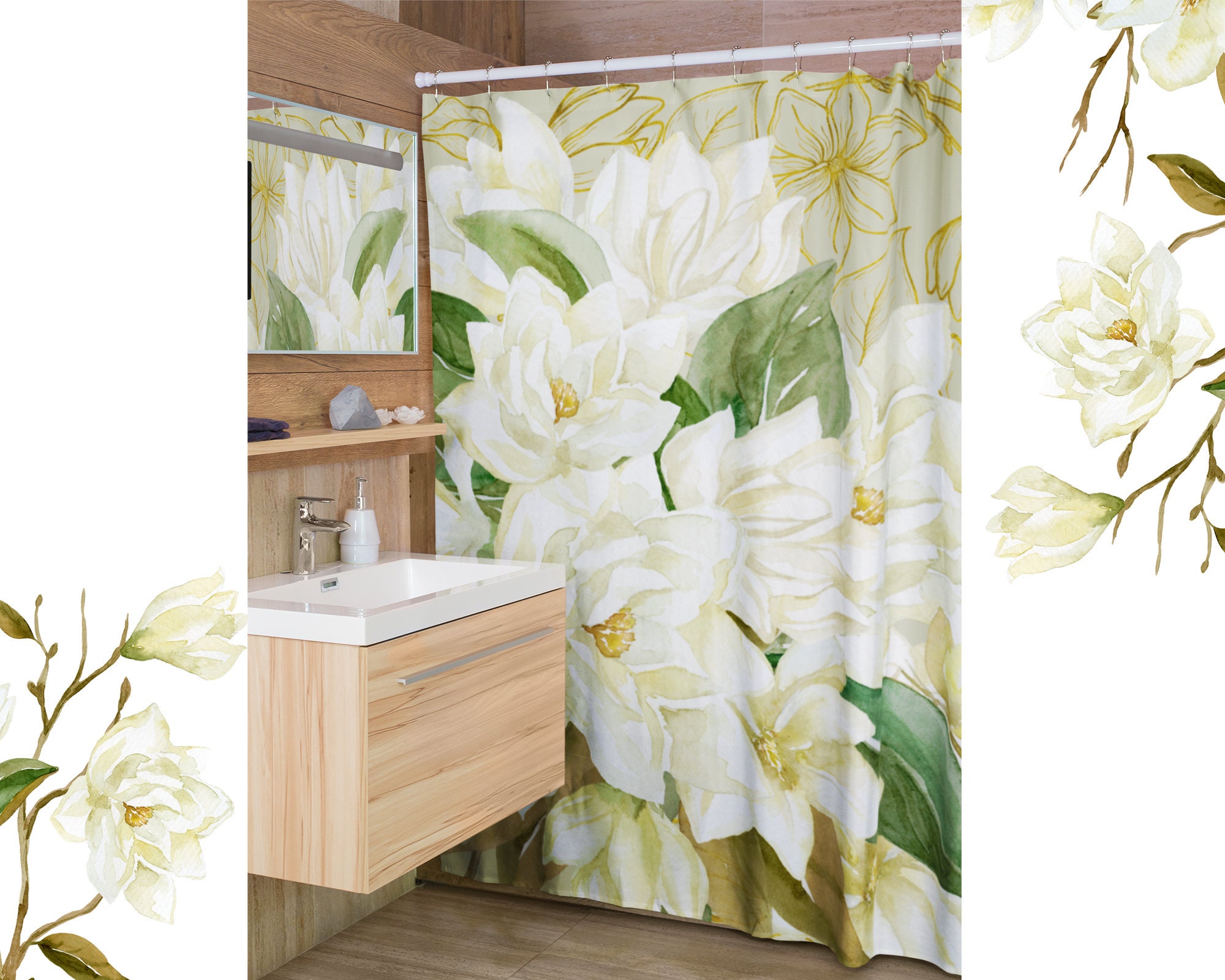 White Magnolias Shower Curtain Luxury Floral Bath Curtain Etsy