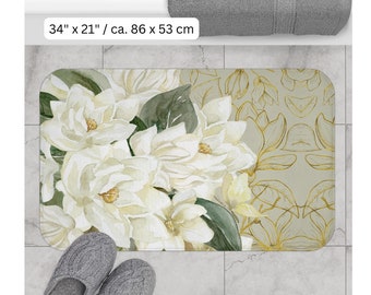 Magnolias blancs – Tapis de bain | Tapis de bain floral de luxe | Tapis de bain à fleurs de style vintage | Tapis de bain de style Boho | Tapis de bain élégant