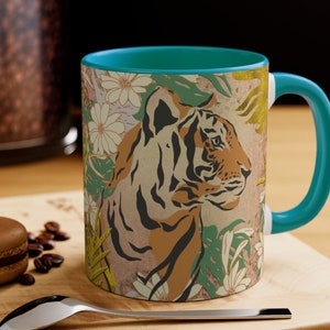Tiger – Mug | Boho Inspired Tiger Portrait | Stylish Jungle Vintage Illustration | Boho Tiger Mug | Emerald Green Accent Mug | Good Mood Mug