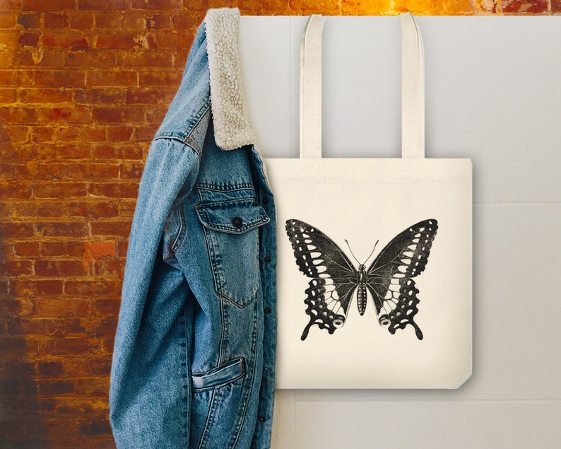 Eco Friendly Bag Minimalist Butterfly Design, Recycled cotton/poly. woven, Canvas Tote, Vintage Butterfly, Shoulder Bag image 2