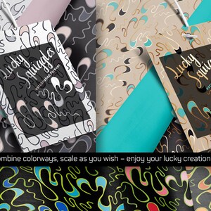 Könnte beinhalten: Ein Set aus vier digitalen Papiermustern mit abstrakten, geschwungenen Linien in verschiedenen Farben, darunter Schwarz, Weiß, Rosa, Blau, Grün, Gelb und Gold. Die Muster sind mit "Lucky Squiggles established forever" beschriftet.