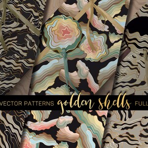 Könnte beinhalten: Drei nahtlose Vektor-Muster mit abstrakten goldenen Muschel-Designs auf schwarzem Hintergrund. Die Muster sind vollständig editierbar.