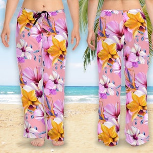 Floral Pajama Pants, Wide Leg Pants, Beach Pants, Lounge Pants, Casual Wear, 6 sizes for women, Gift for Her, Tropical Beach #2 Pink