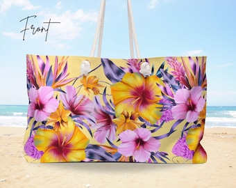 Beach Bag Floral Large Tote, Weekender Tote Beach, Beach Bag Tropical Flowers, Summer Tote Bag, Gift for Her, Tropical Beach #1 Yellow