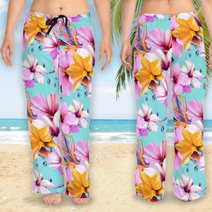 Lounge Pants, Casual Wear, Floral Pajama Pants, Wide Leg Pants, Beach Pants, 6 sizes for women, Gift for Her, Tropical Beach #2 Turquoise