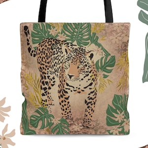Leopard Walking – Tote Bag | Boho Inspired Leopard on Florals | Leopard Jungle Boho Chic | Shoulder Bag Leopard Art | Vintage Leopard Tote