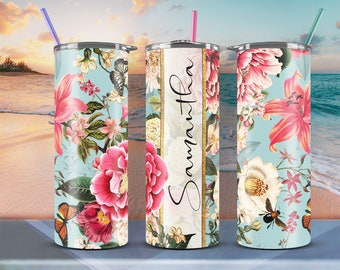 Vintage Flowers #1 – Add Your Own Name Skinny Tumbler Seamless Sublimation Design Download 20oz Straight and Tapered with Gold Accents