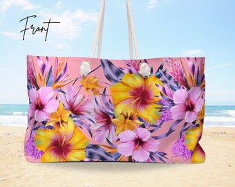 Beach Tote Tropical Flowers, Beach Bag Floral Large Tote, Weekender Tote Beach, Summer Tote Bag, Gift for Her, Tropical Beach #1 Pink