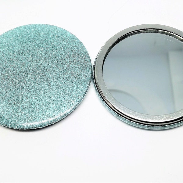 Miroir de poche compact en paillettes bleu ciel, miroir de maquillage portable avec pochette de voyage de 58 mm