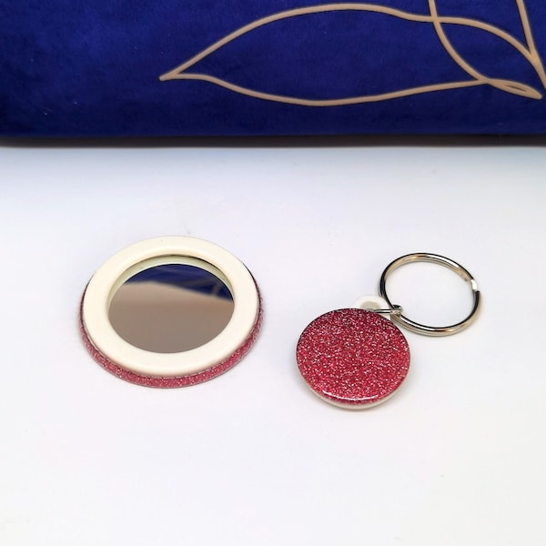 Ensemble cadeau miroir de poche et porte-clés rouge rubis, miroir de maquillage d'embrayage de voyage à paillettes rouge rubis avec porte-clés assorti