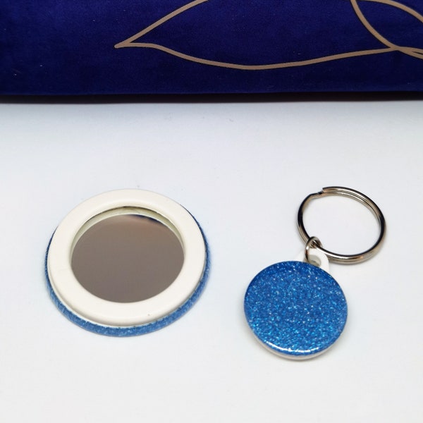 Coffret cadeau miroir et porte-clés, miroir de poche à main de voyage à paillettes bleues avec porte-clés assorti