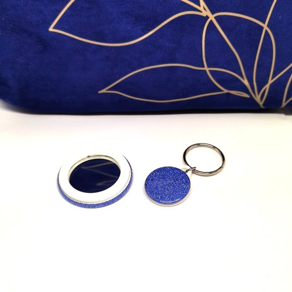 Coffret cadeau miroir bleu et porte-clés, miroir de maquillage de poche à paillettes avec porte-clés assorti, miroir 45 mm, porte-clés 25 mm