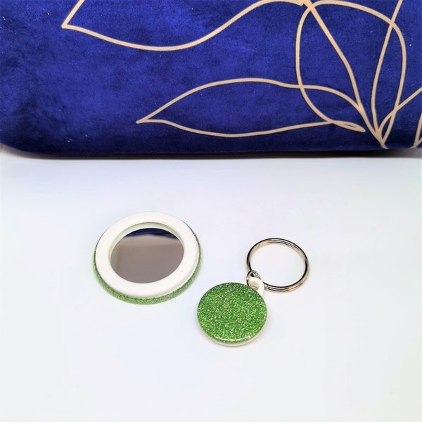 Coffret cadeau miroir à paillettes vertes et porte-clés, miroir de maquillage de poche avec porte-clés assorti, miroir 45 mm, porte-clés 25 mm